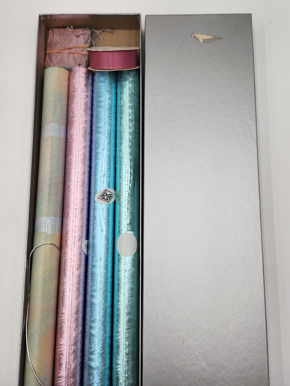 Vintage BOX SALLY FOSTER NEW Metallic Gift Wrap Rolls CARDS RIBBON SET